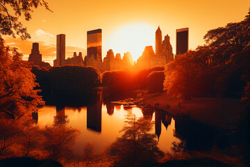 Central park in New York City. River in Central Park, Manhattan, New York. Parks in NYC. River in town on sunset. View on buildings and skyscrapers from central park NYC. Ai Generative illustration.