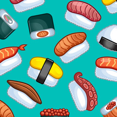 Cute sushi sashimi background. Seamless vector pattern for paper, wrapping, fabrics. cartoon flat design illustration art pastel colors on colorful background template.