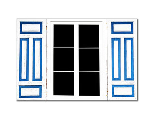 Wooden window village cottage house. Architecture texture. Blue paint open window shutters. Object isolated on white window. Empty copy space rustic window frame background.