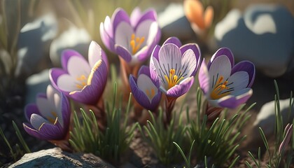 Early spring flowers beautiful crocuses in full bloom. Generative AI