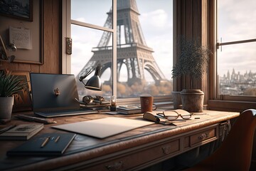 Cozy office or workspace with stunning views of the Eiffel Tower. Generative AI.