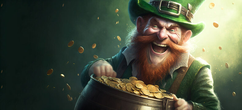 Joyful, Leprechaun with his pot of gold, St. Patrick's Day, March 17, Irish inspired.  Image created with generative ai