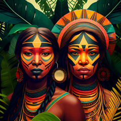 Fototapeta na wymiar illustration of two indigenous women from the jungle posing with ritual face and body painting Generative AI 