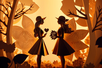 a couple of girls in love at sunset in the forest Generative AI
