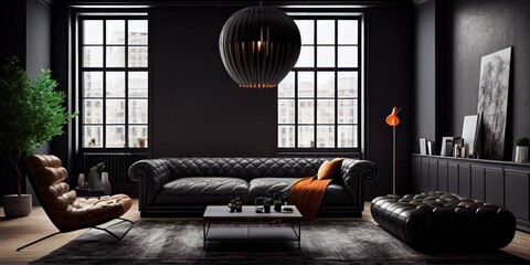 black living room interior with leather sofa, minimalist industrial style. generative ai.
