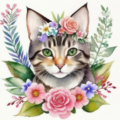 a watercolor painting of cute little cat surrounded by flowers and leaves, ai generated