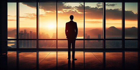 Fototapeta na wymiar Businessman on the coast, in his office in a high-rise building, looking straight ahead at sunrise. Generative AI.