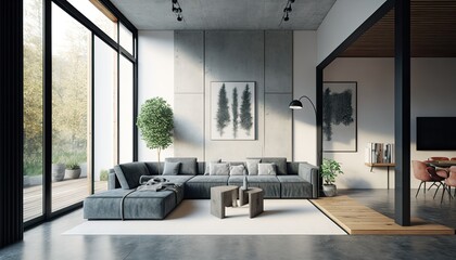 Fototapeta premium front view of a large living room built with steel and concrete in minimalist modern style, bright, panoramic, warm. Generative AI.