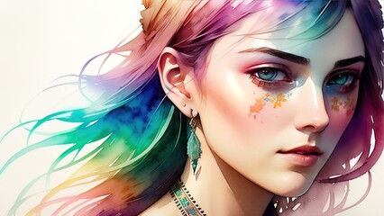 Abstract girl in boho art style, painted face, paint in the background