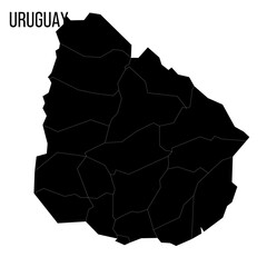 Uruguay political map of administrative divisions - departments. Blank black map and country name title.