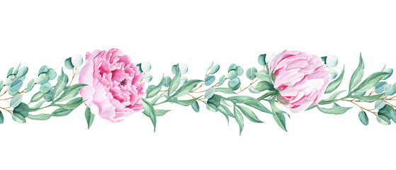 Obraz premium Horizontal watercolor floral seamless border pattern. Pink peonies, eucalyptus. Hand drawn botanical illustration. Can be used for fabric, packaging prints, frames, adhesive tape and paper design.