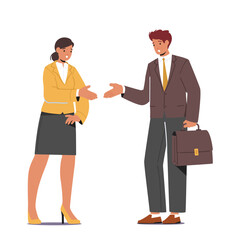 Man And Woman Characters Shaking Hands Engaging In Conversation, Chatting As Colleagues, Building Connection
