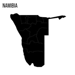 Namibia political map of administrative divisions - regions. Blank black map and country name title.