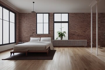 Minimal Furniture in Large Exposed Brick Studio Loft with White Bedding Made with Generative AI