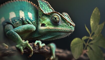Obraz premium Green colored chameleon close up. Generative AI