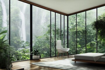 Spring Jungle Modern Primary Bedroom Interior with Beautiful Waterfall Views in Rainforest Made with Generative AI