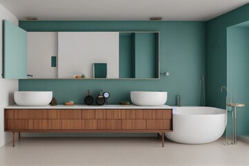 Fototapeta na wymiar Spring Clean Sustainable Modern Bathroom Interior with Wood Vanity for His and Her Made with Generative AI