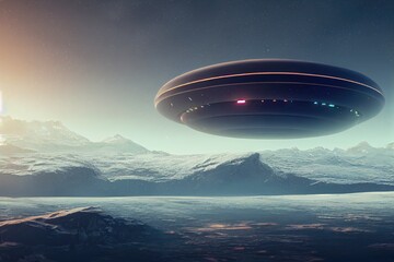 Fototapeta na wymiar UFO Aircraft Flying Over Ice Mountain Landscape Made with Generative AI