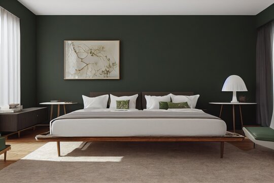 Clean Dark Green Modern Bedroom Interior with Staged Space in Spring Made with Generative AI