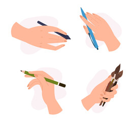 Human Hand Holding Pencil With Graphite Tip, Stylus, Paintbrush And Pen. Concept Of Writing Cartoon Vector Illustration