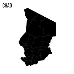 Chad political map of administrative divisions - regions. Blank black map and country name title.
