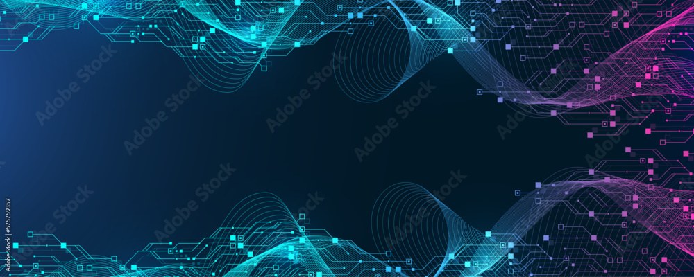 Fototapete Quantum computer technologies concept. Futuristic blue circuit board background vector. Modern technology circuit board texture background design. Waves flow. Quantum explosion technology.