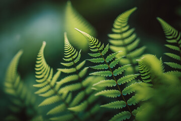 Green fern branches. Green floral background. Generative AI.