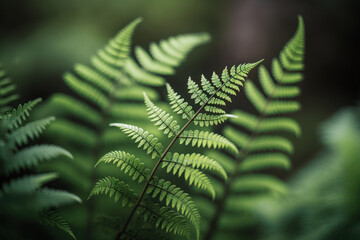 Green fern branches. Green floral background. Generative AI.