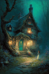 A Child approaches a Fairytale Woodland Forest Cottage at Twilight