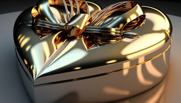 Heart-shaped golden box, gift, 3D rendering, photorealism, futuristic precious metals, detailed rendering - created with Generative AI Technology.