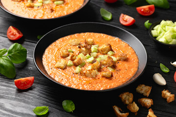 Traditional spanish Gazpacho soup with tomatoes, vegetables and croutons. Healthy summer food