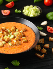 Traditional spanish Gazpacho soup with tomatoes, vegetables and croutons. Healthy summer food
