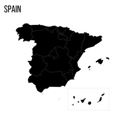 Spain political map of administrative divisions - autonomous communities and autonomous cities of Ceuta and Melilla. Blank black map and country name title.