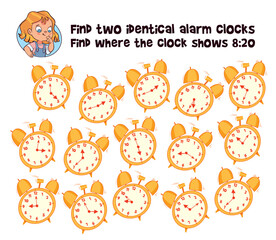 Fototapeta premium Find 2 same objects. Find two identical alarm clocks. Educational game for children. Choose correct answer. Colorful cartoon characters. Funny vector illustration. Isolated on white background