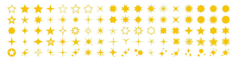 Star icons vector set. Abstract yellow sparkles. Twinkling stars, shining burst. Christmas vector symbols isolated on white background