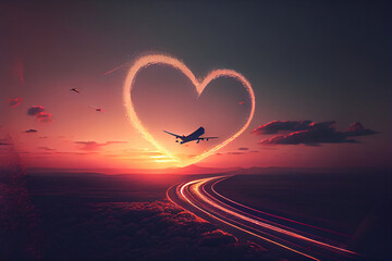 Airplane leaving a heart shaped trail in a sunset. Airplane flies above white clouds at sunset and leaving jet trail in the shape of heart