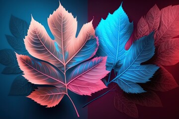 illustration, pink and blue transparent leaves on bright background, ai generative