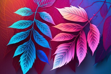 illustration, pink and blue transparent leaves on bright background, ai generative