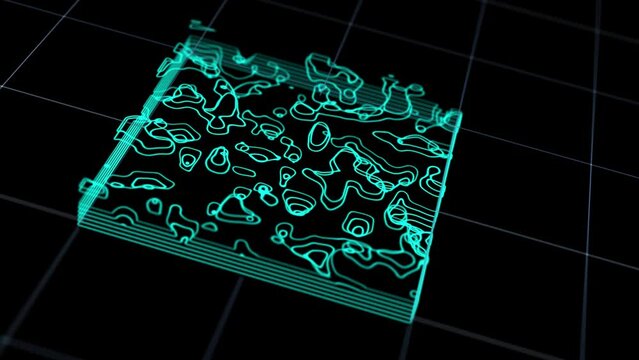 Earthquake activity analyzing digital display red danger areas. Topographic seismic map scannig radar 4k footage. Global disaster prevention