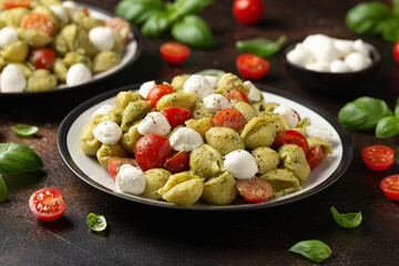 Pesto Pasta Salad with Cherry Tomatoes and Mozzarella cheese. Healthy food.