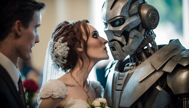 Robotic Lovebirds: A Futuristic Wedding Kiss