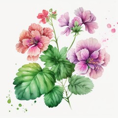 About Watercolor Geranium Flower Floral Clipart, Isolated on White Background.