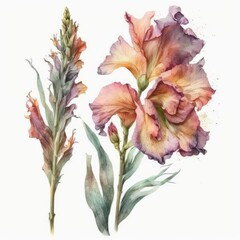 Fototapeta na wymiar About Watercolor Gladiolus Flower Floral Clipart, Isolated on White Background.