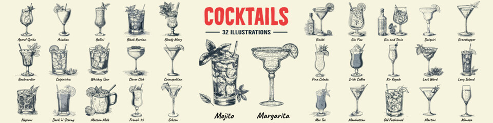 Alcoholic cocktails hand drawn vector illustration. Sketch set. Moscow mule, bloody mary, pina colada, mojito, margarita, daiquiri, Mimosa, long island iced tea, Bellini, margarita. - obrazy, fototapety, plakaty