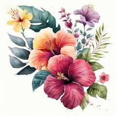 About Watercolor Hibiscus Flower Floral Clipart, Isolated on White Background.