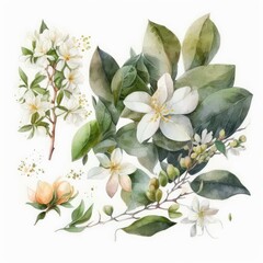 About Watercolor Jasmine Flower Floral Clipart, Isolated on White Background.