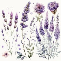 About Watercolor Lavender Flower Floral Clipart, Isolated on White Background.