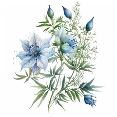 About Watercolor  Nigella Flower Floral Clipart, Isolated on White Background.