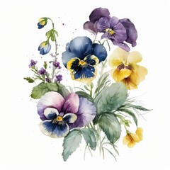 About Watercolor Pansy Flower Floral Clipart, Isolated on White Background.