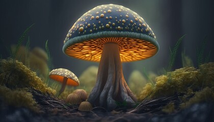 Magic mushroom in the forest. Generative AI